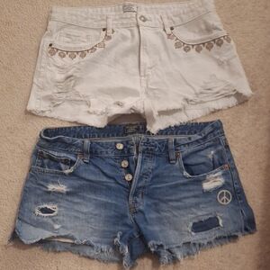 White and Blue Distressed Denim Shorts